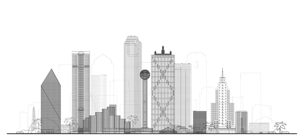 Sketch of the skyline of Dallas, TX.