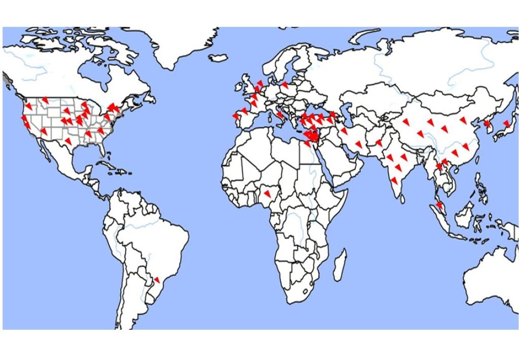 World map with red arrows in multiple locations. Land=white, boundaries=black, water=blue