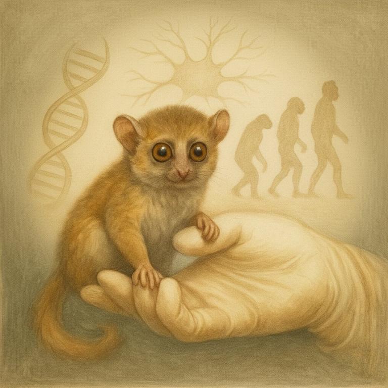 a lemur sits in a human hand with a DNA helix, neuron, and human evolution silhouettes in the background