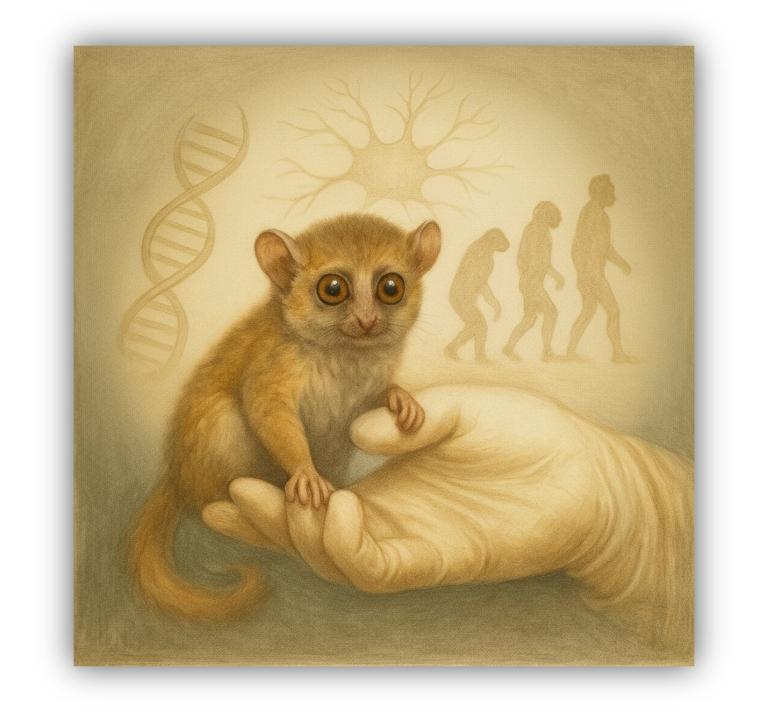 A lemur sits in a human hand, surrounded by a DNA helix, neuron, and evolutionary silhouettes, conveying a theme of evolution