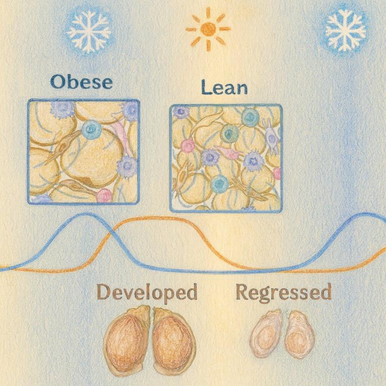 illustration comparing obese and lean fat cells with snowflakes and sun icons