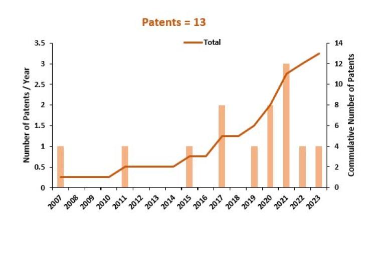 Patent chart, Patents = 13, Number of Patents/Year, Cumulative Number of Patents