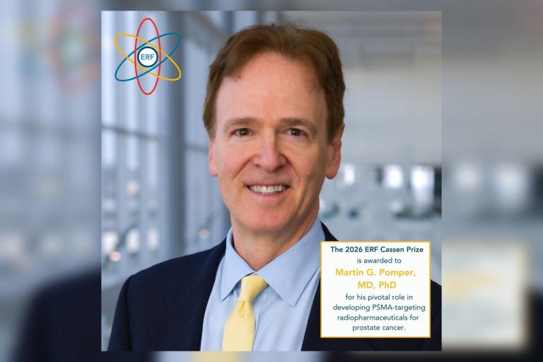 Dr. Martin G. Pomper with text announcing the 2026 ERF Cassen Prize for his role in developing PSMA-targeting radiopharmaceuticals for prostate cancer.