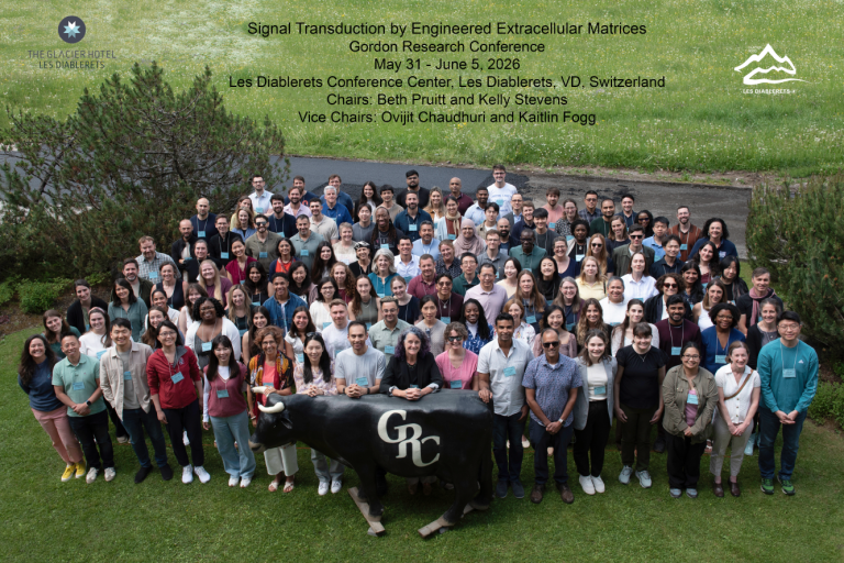 Attendees of the STEEM Gordon Research Conference pose as a group outdoors