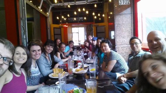 Brekken Lab group having lunch at a long table