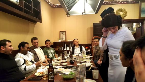 Rogue One - lab members in costumes at dinner