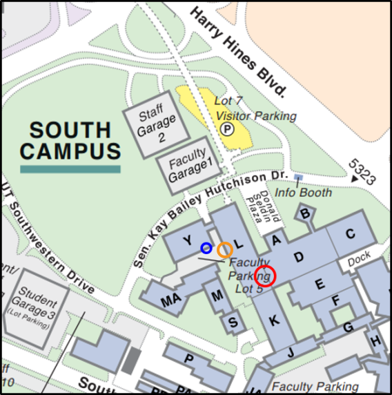 Map of south UTSW campus, focused on the lab locations on Sen. Kay Bailey Hutchison Drive.