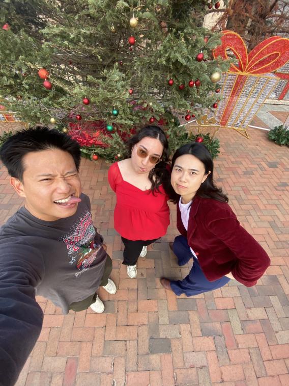 Three people making silly faces in front of a Christmas tree.