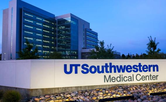 Exterior of building an UT Southwestern Medical Center sign.