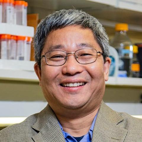 headshot of Dr. Jiang; smiling man with grey hair and glasses in lab wearing tan check blazer